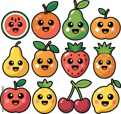 Adorable cartoon fruit collection featuring happy smiling watermelon orange pear apple and others