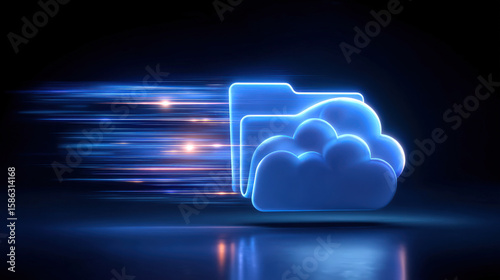 Digital cloud storage concept with glowing folder and cloud icons, representing fast data transfer and modern technology. image conveys sense of speed and efficiency in digital file management