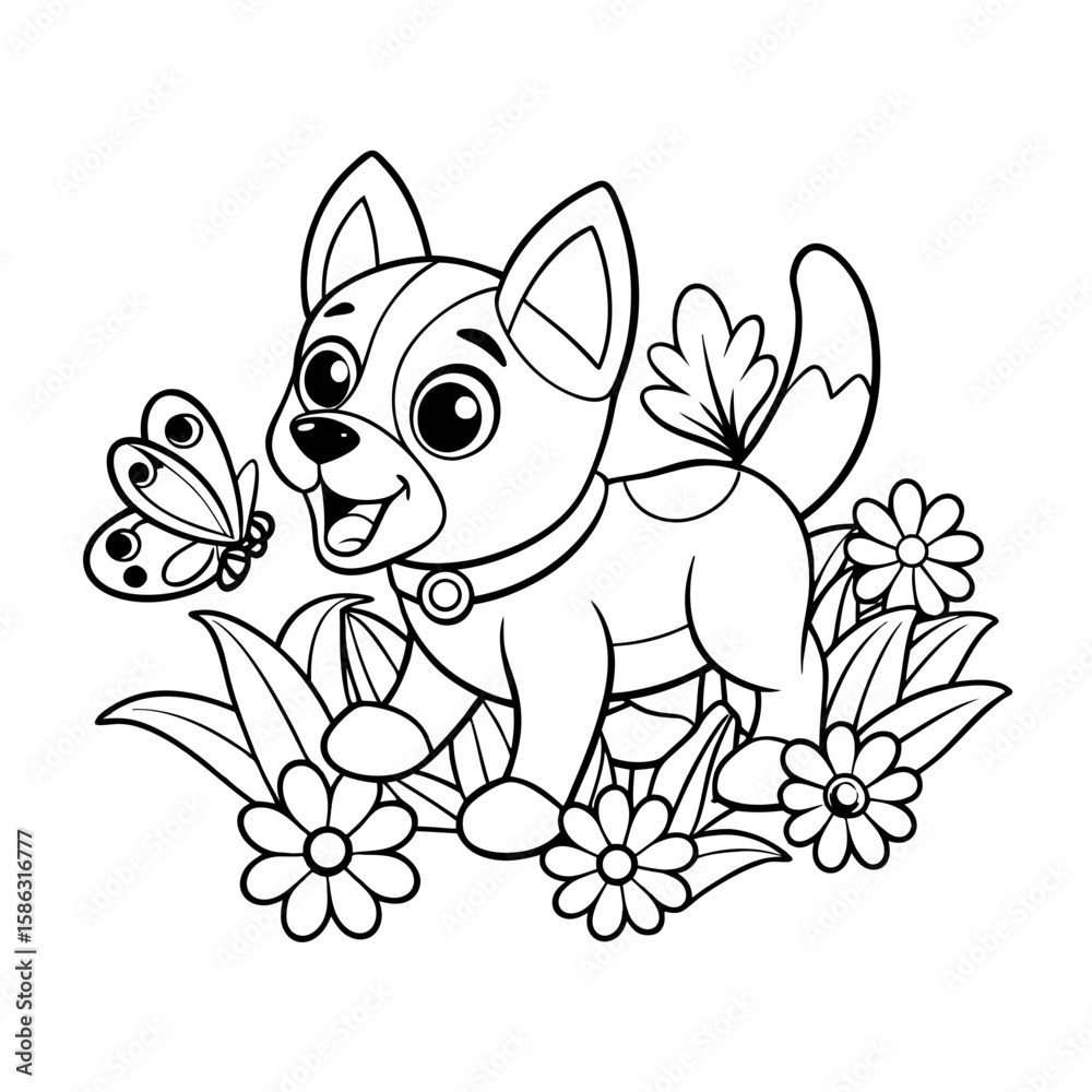 Fototapeta premium Adorable Puppy Chasing Butterflies in a Garden Coloring Page