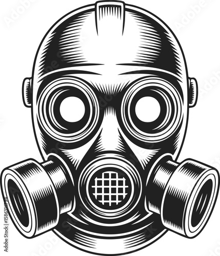 Gas mask, protective gear, respiratory device, military equipment, vintage engraved design showcasing intricate details