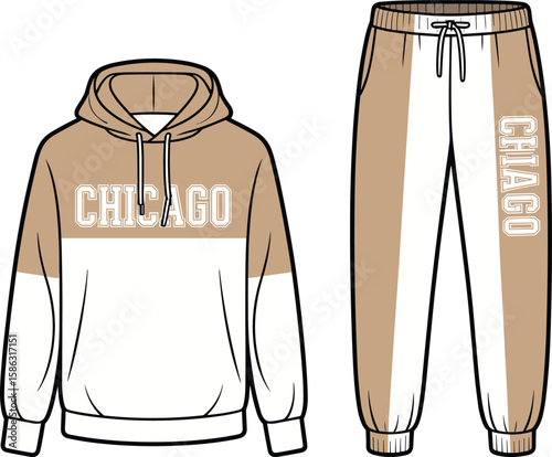 Cozy Two-Tone Hoodie and Jogger Sweatpants Set with 'CHICAGO' Text Print, Sportswear Apparel Flat Sketch, Vector Template