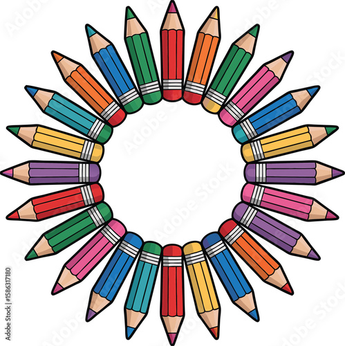 Colorful pencils arranged in a circle for educational design and creative concept