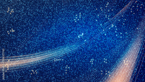 A vibrant abstract display features shimmering lights and smooth curves against a deep blue backdrop, showcasing a blend of technology and creativity in digital art.