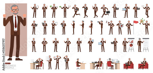 Big Set of businessman wear brown suit and eyeglasses character vector design. People working in office planning, thinking and economic analysis. Presentation in various action.
