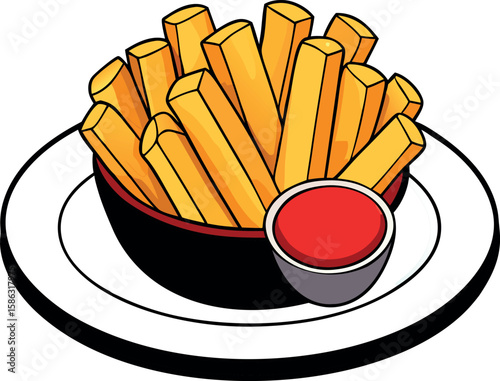 French Fries Plate Vector with Golden Texture for Menu Design