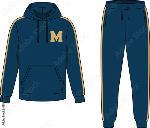 Classic Navy Blue Hoodie and Jogger Sweatpants Set with Gold Stripes and 'M' Logo, Sportswear Apparel Flat Sketch, Vector Template