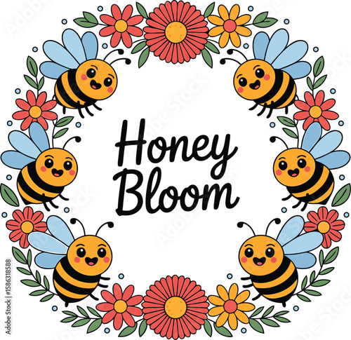 Cute honey bloom vector illustration featuring happy cartoon bees and colorful flowers