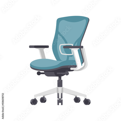 A modern, ergonomic office chair with a blue seat and back, featuring white armrests and a five-star base with wheels.