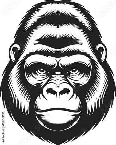 Gorilla, powerful primate emblem showcasing intricate details and expressions, representing strength and wildness, ideal for branding and artistic projects