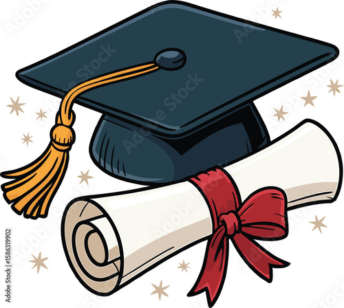 Graduation ceremony illustration with mortarboard cap and diploma for educational achievements