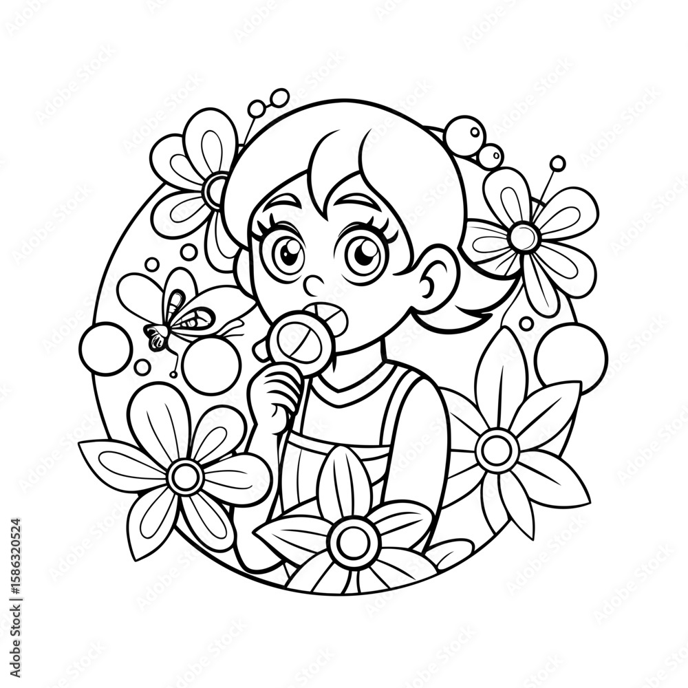 Fototapeta premium Little Girl Blowing Bubbles Surrounded by Butterflies Coloring Page