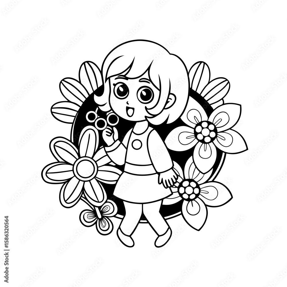 Fototapeta premium Little Girl Blowing Bubbles Surrounded by Butterflies Coloring Page