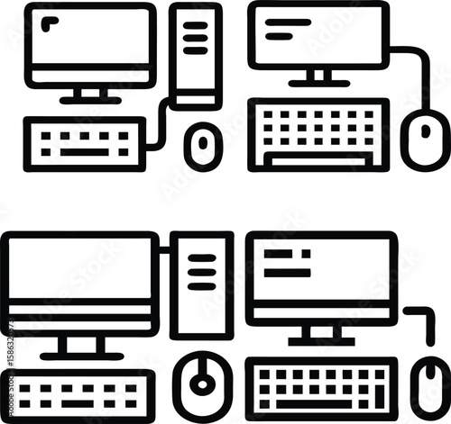 Full desktop computer icon collection in flat  outline vector style for SaaS, websites, and tech branding.

