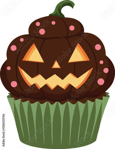 Halloween pumpkin cupcake with green wrapper and glowing orange face in spooky festive style vector illustration 