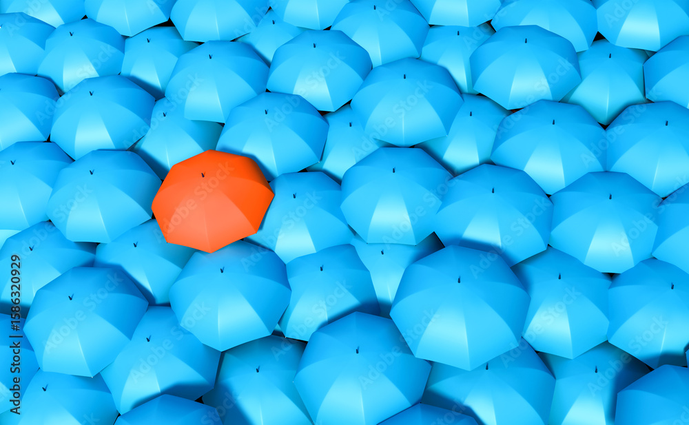 Obraz premium Gorup of blue umbrellas, one is orange. standing out from the crowd, unique, individuality, contrasts. 3D illustration