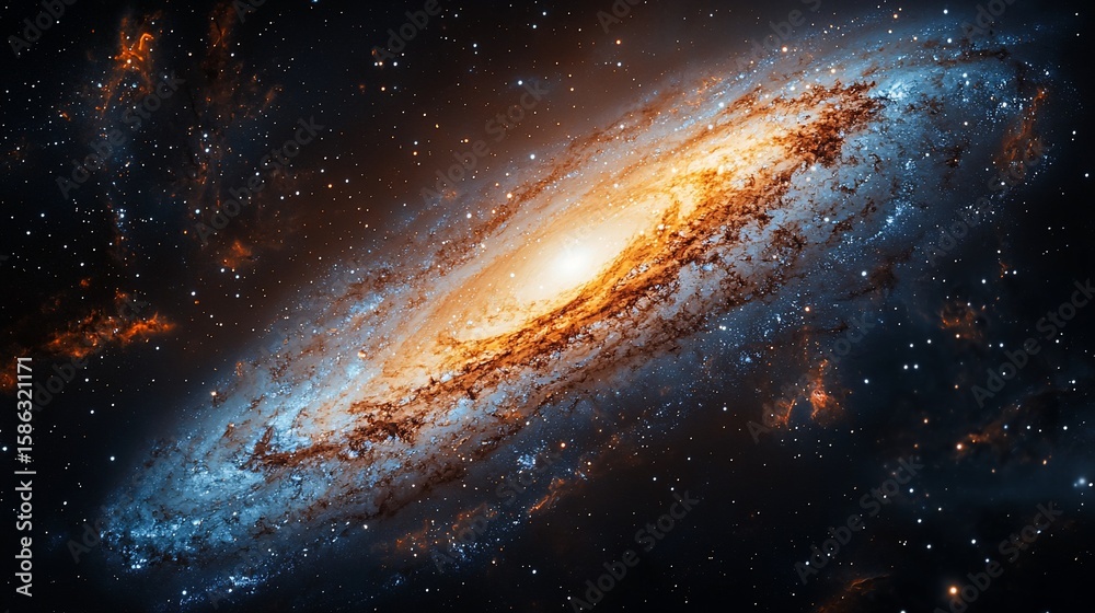 Fototapeta premium A vibrant spiral galaxy, swirling with orange and blue hues, speckled with countless stars against a dark cosmic backdrop