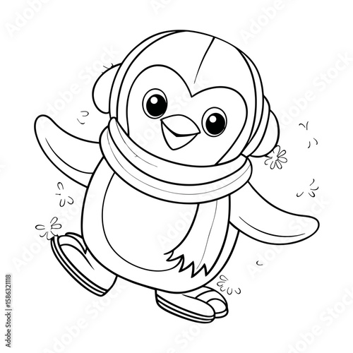 Penguin Wearing Earmuffs and Scarf Sliding on Ice Coloring Page