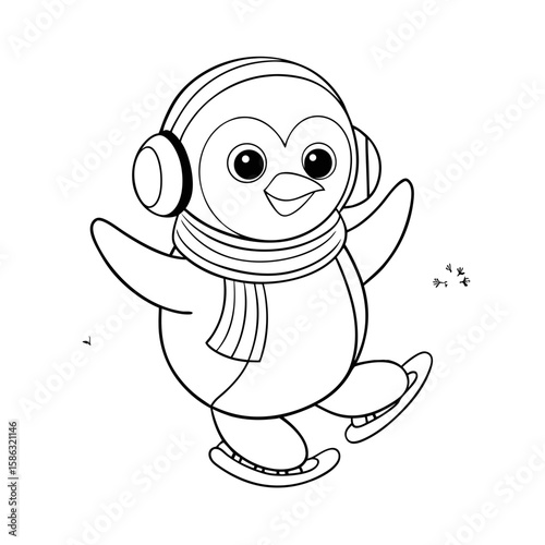 Penguin Wearing Earmuffs and Scarf Sliding on Ice Coloring Page