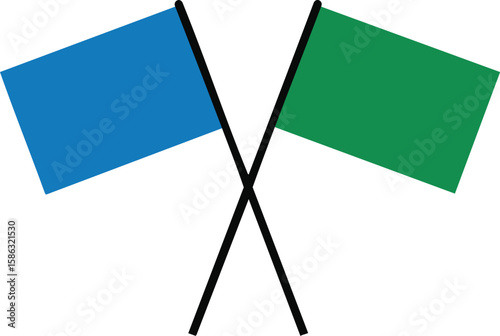 Crossed blue and green flags simple vector illustration for signaling and decoration purposes 