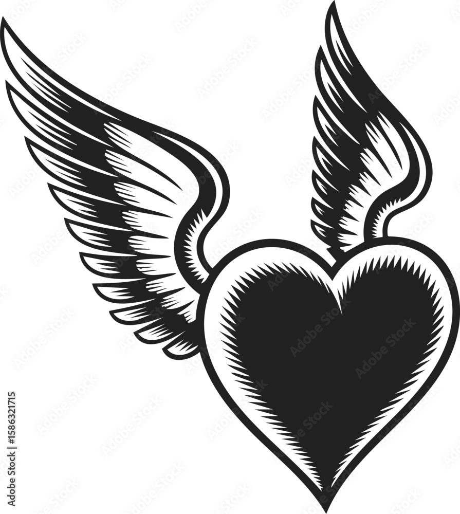 Obraz premium Heart with wings, winged heart, love symbol, angelic heart motif, vintage engraving style illustration of a heart with wings