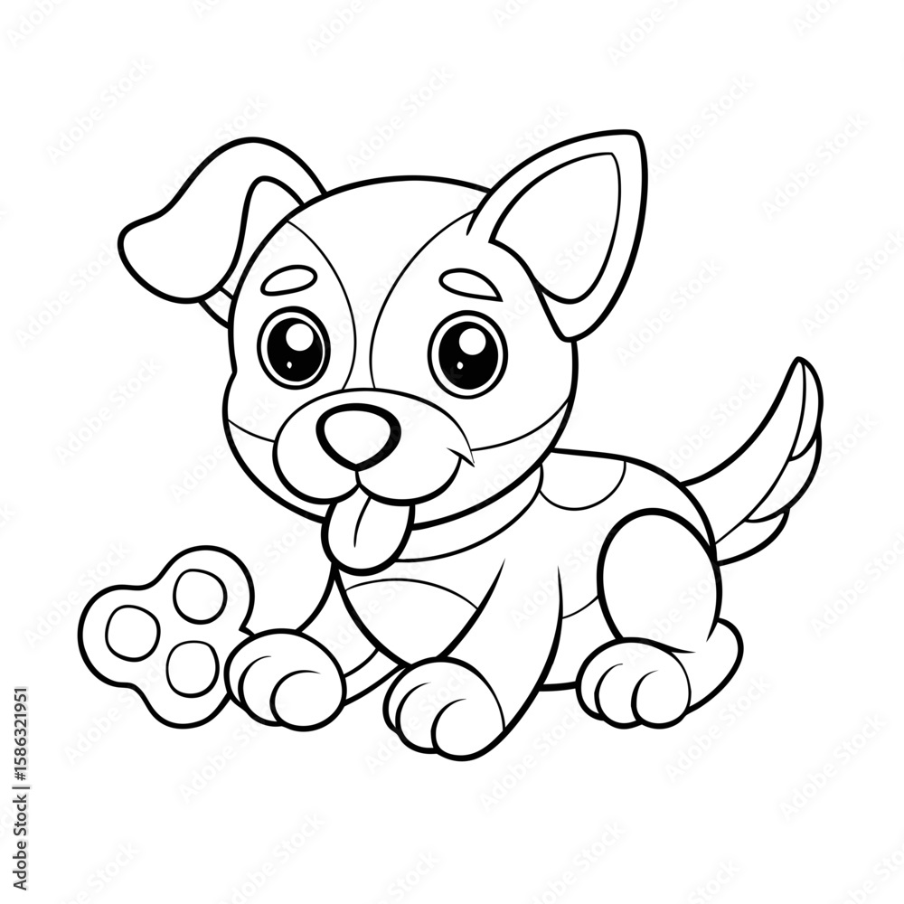 Fototapeta premium Puppy Chewing a Bone with Paw Prints and Balls Nearby Coloring Page