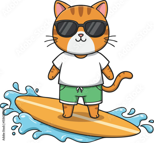 Cartoon orange cat wearing sunglasses surfing on wave in summer outfit vector illustration 