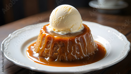 Delicious sticky toffee pudding topped with vanilla ice cream and caramel sauce