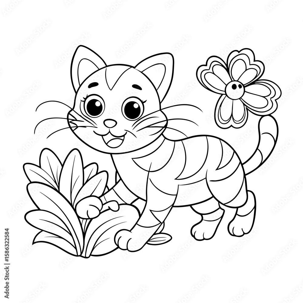 Obraz premium Smiling Kitten Chasing Butterflies in a Flower Garden Coloring Page