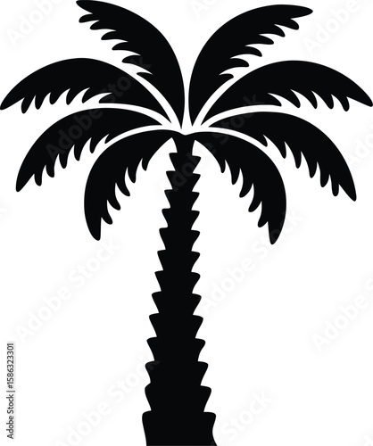 Coconut tree silhouette with textured trunk, curved fronds, and tropical stance for iconic beachside symbol
