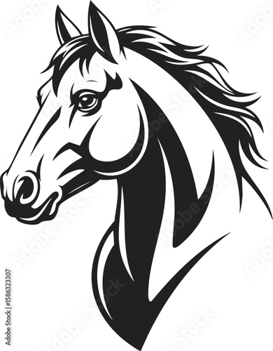 Horse head, equine art, black stallion silhouette, majestic animal portrait, horse illustration, equestrian design inspiration