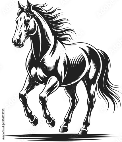 Horse, galloping steed, majestic animal in motion, equestrian spirit captured in vintage engraved style