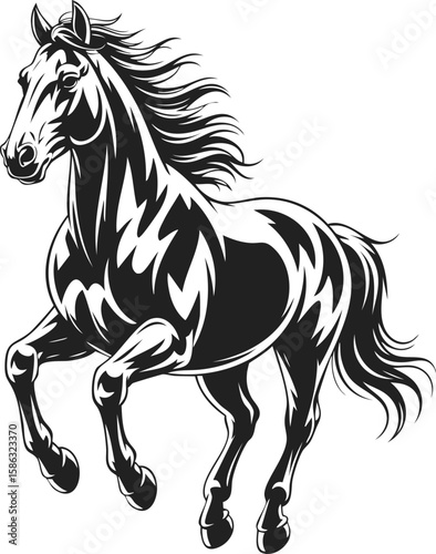 Horse, running stallion, spirited equine in motion, wild horse galloping, powerful black and white illustration