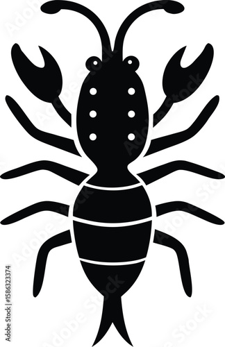 Copepod silhouette with segmented body, antennae, and clawed appendages for iconic aquatic microcrustacean symbol