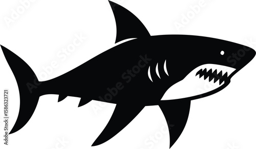 Great white shark silhouette with streamlined body, dorsal fin, and jagged teeth for iconic ocean predator symbol