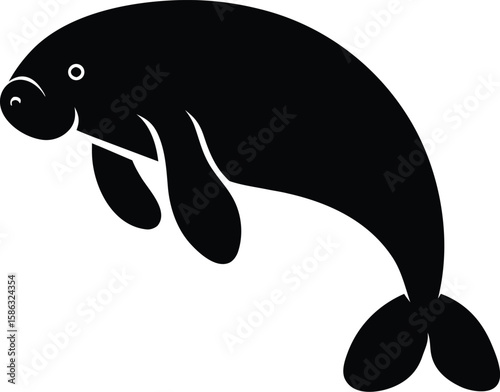 Manatee silhouette with rounded body, paddle tail, and flipper limbs for iconic gentle marine mammal symbol