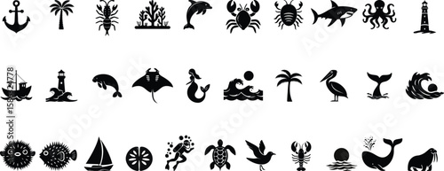 Marine life silhouette set featuring 31 iconic ocean-themed elements including animals, vessels, and coastal symbols