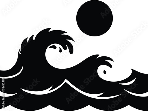 Ocean waves with sun silhouette featuring curved wave crests and solid sun disk for iconic coastal serenity symbol