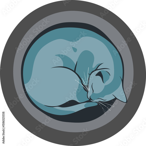Sleeping cat curled up in round pet bed with blue and gray colours vector illustration peaceful resting animal 