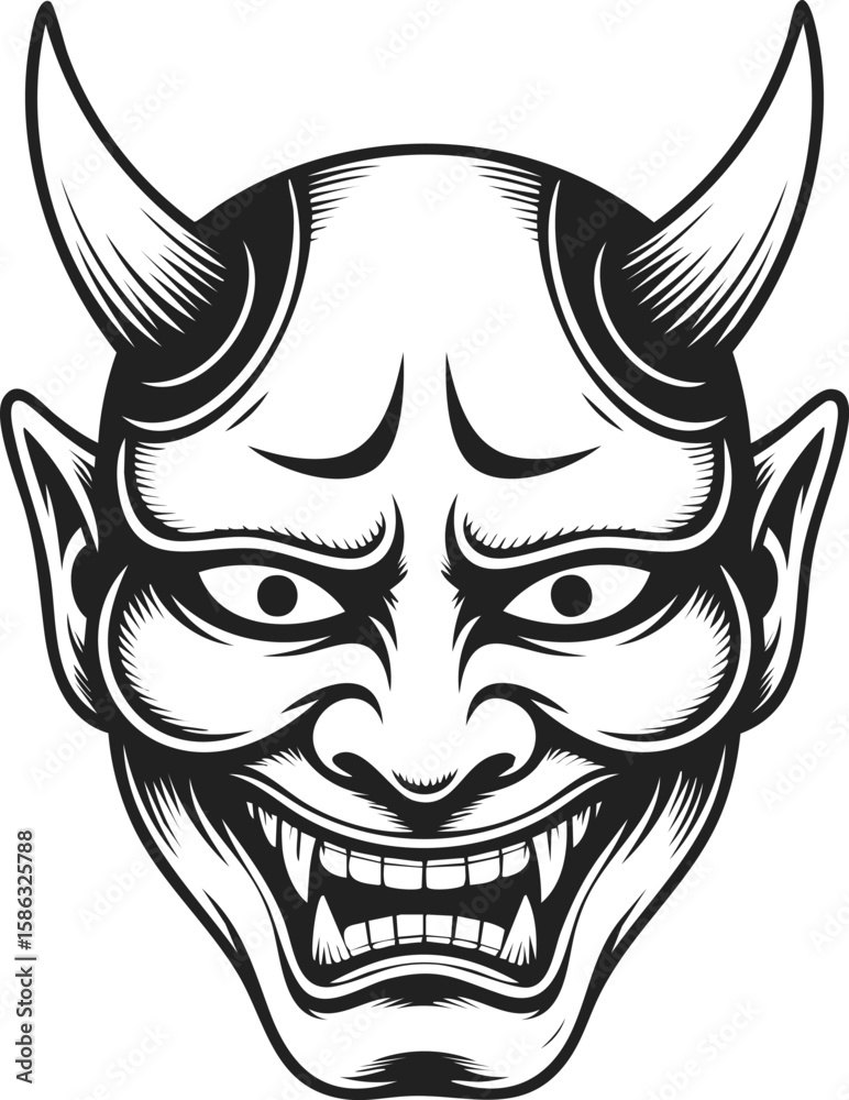 Fototapeta premium Japanese oni mask, traditional demon face illustration, mythical creature with fierce expression and horns, symbol of folklore and legend