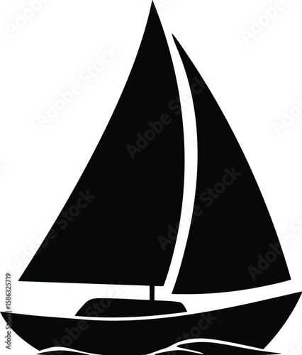 Sailboat silhouette with dual triangular sails, sleek hull, and wave lines for iconic nautical vessel symbol
