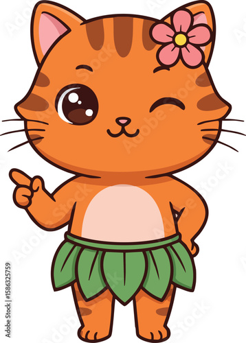 Cute orange cat character wearing green leaf skirt and pink flower winking in playful pose vector illustration 