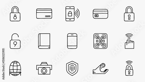 Payment Methods Vector Icon Set – Credit Card Swipe, NFC Phone Tap, QR Code Scan, Cash Payment, and Secure Checkout Lock in Thin Stroke Style