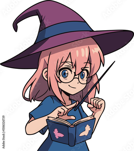 知的なアニメ風魔女っ子イラスト - 魔法書と穏やかな知性