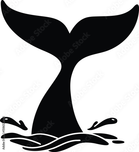 Humpback whale tail splash silhouette with raised fluke and dynamic water spray for iconic ocean dive symbol