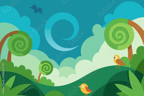 summer landscape with trees and birds