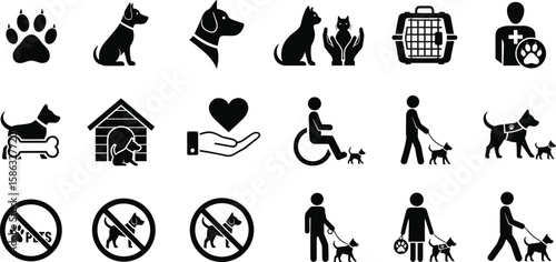 Pet care icons collection including dog, cat, paw print, veterinarian, wheelchair assistance, service dog, no pets allowed, pet adoption sign