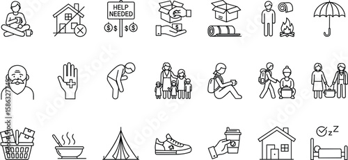 Homeless shelter icons collection showing donation, food, sleeping, help needed, housing support, elderly care, family assistance, tent, protection symbol