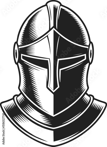 Knight helmet, medieval armor, battle gear, historical headpiece, knightly protection, vintage engraved style illustration, helmet design
