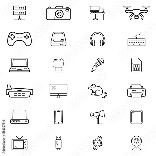 Collection of various electronic devices and gadgets in outline style with clean and simple design