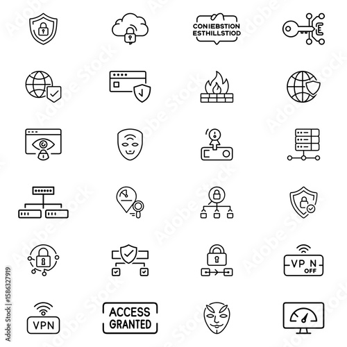 Collection of security and network icons featuring shields, locks, clouds, and server connections